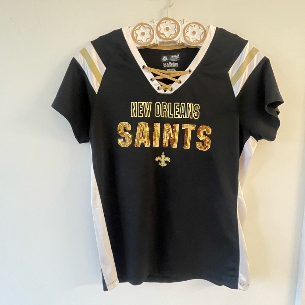 New Orleans Saints Black and Gold Sequin Women’s Jersey Football T-Shirt NWOT NF